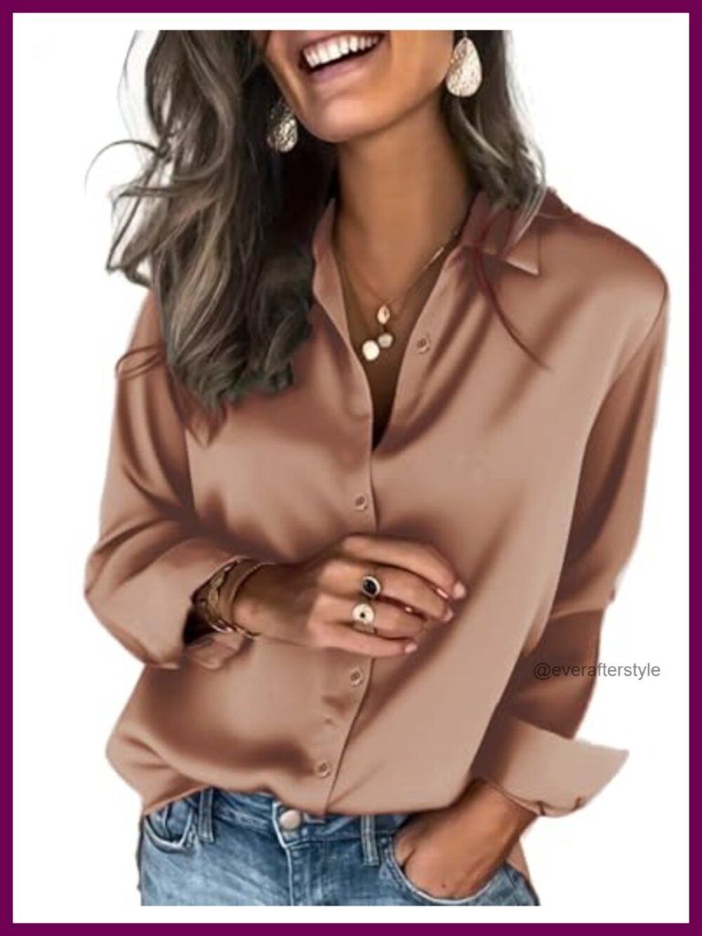 Satin Button Down Shirt Long Sleeve Blouse V-Neck Women's Top